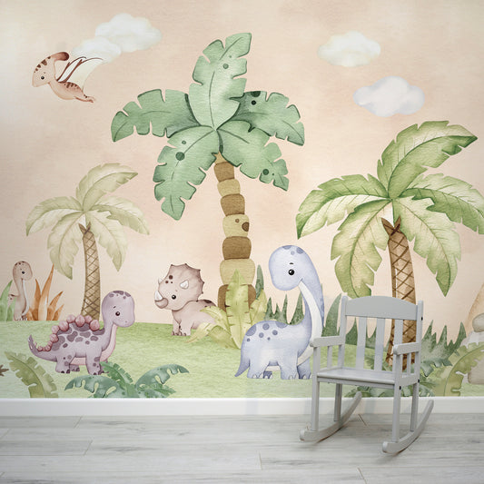 Littlefoot Cute Watercolour Dinosaur Children's Wallpaper Mural with Baby Chair