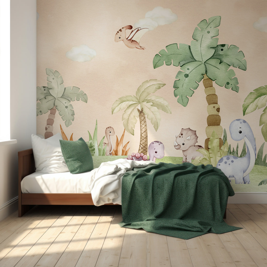 Papier peint panoramique mignon de dinosaure à l'aquarelle pour enfants - Removable Vinyl (Peel & Stick)