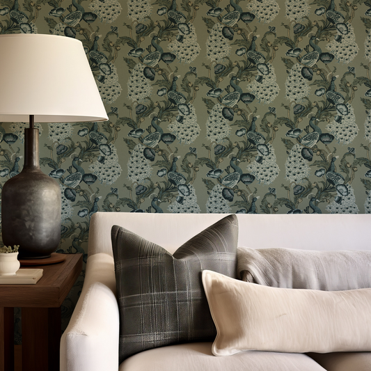 Blue Peacock wallpaper in a neutral Living room  