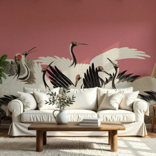 Chitose – Fresque murale vintage rose à motif de grues japonaises