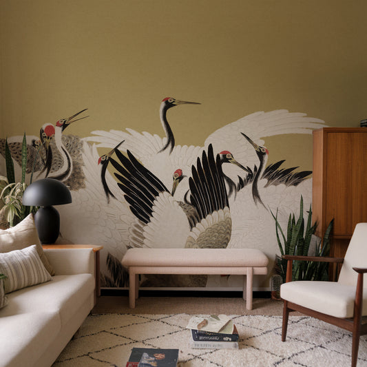 Tsuruko – Fresque murale vintage vert olive à motif de grue japonaise