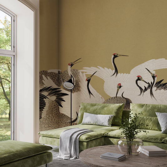 Tsuruko – Fresque murale vintage vert olive à motif de grue japonaise
