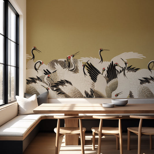 Tsuruko – Fresque murale vintage vert olive à motif de grue japonaise