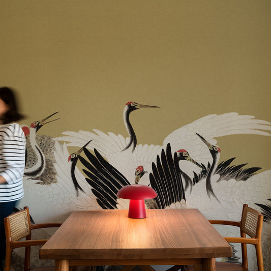 Tsuruko – Fresque murale vintage vert olive à motif de grue japonaise