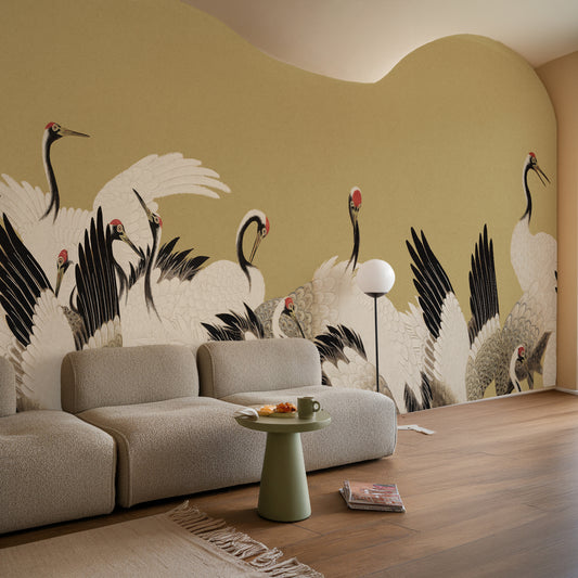Tsuruko – Fresque murale vintage vert olive à motif de grue japonaise