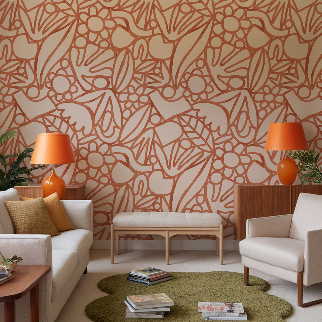 Papier Peint Panoramique Doodle Floral Orange - Traditional Wallpaper (Paste-the-Wall)