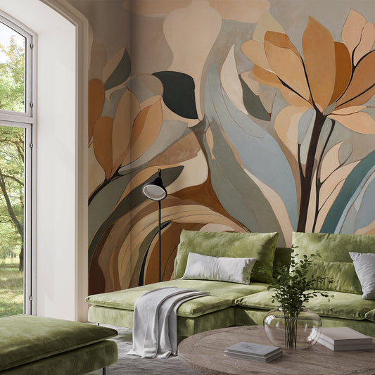 Modern living room with green sofa, abstract floral wall mural, and large window.