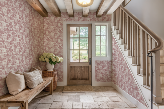 A cottage core hallway with a staircase and wooden door way, with a pink toile inspired wallpaper 
