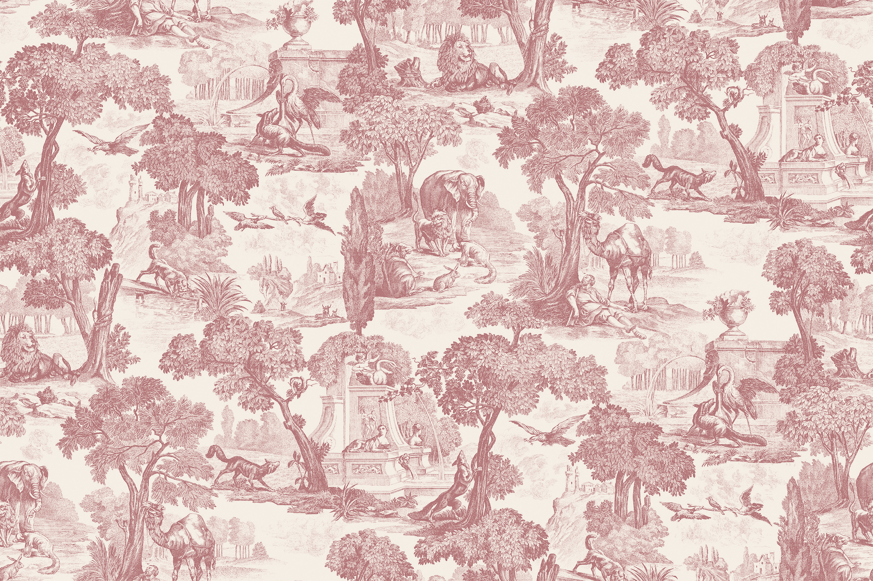 Lottie wallpaper, patterned wallpaper with pink and white design of trees, animals, and buildings.
