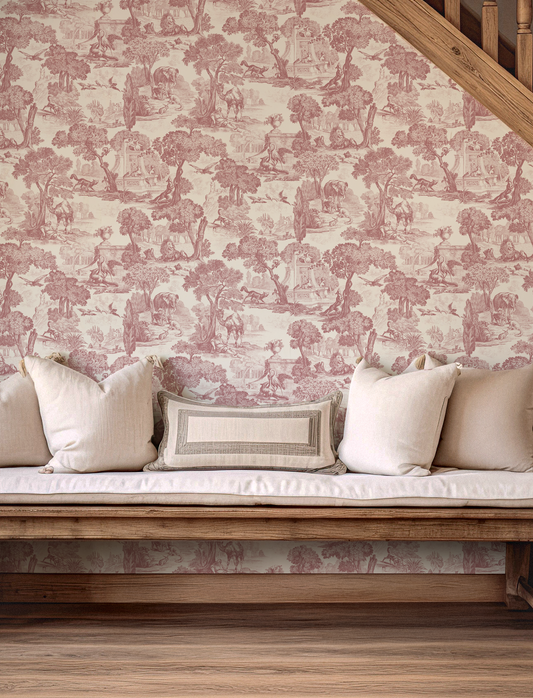 Patterned wallpaper with a wooden bench and cushions in a room.