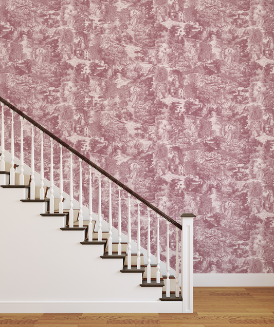 Staircase with white balusters against a pink toile patterned wall.