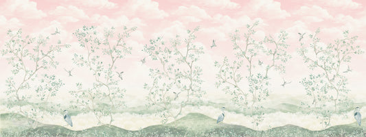 Scenic landscape with trees, birds, and a pink sky