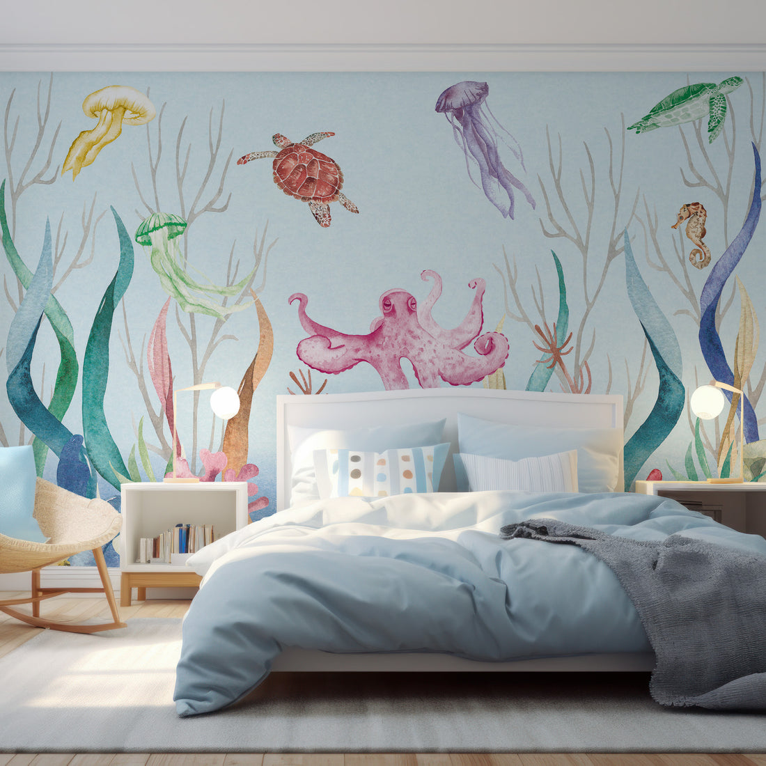 Fond d'écran de scène sous-marine de créatures marines colorées - Removable Wallpaper (Peel & Stick)