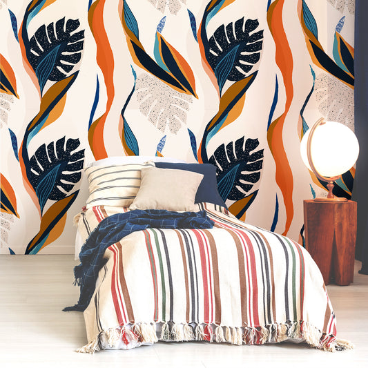 Midnight Monstera Wallpaper In Bedroo With Stripy Blue & Red Single Bed & White Globe