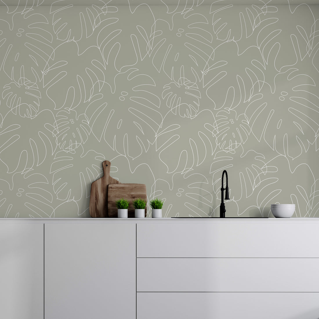 Fond d'écran vert minimaliste avec contours de feuilles de Monstera - Removable Wallpaper (Peel & Stick)