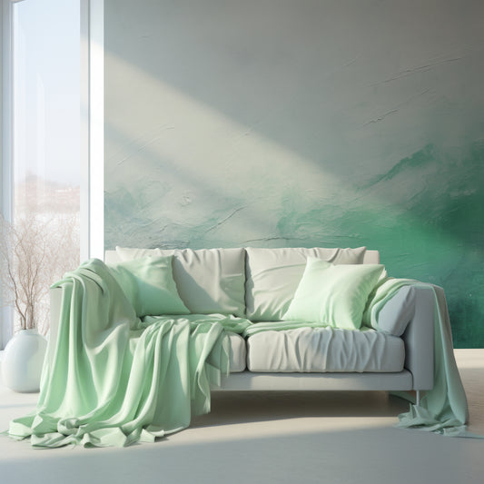 Mint Texture Abstract Wallpaper In Living Room With Large Windows, Plants And Mint Green Sofa And Cushions