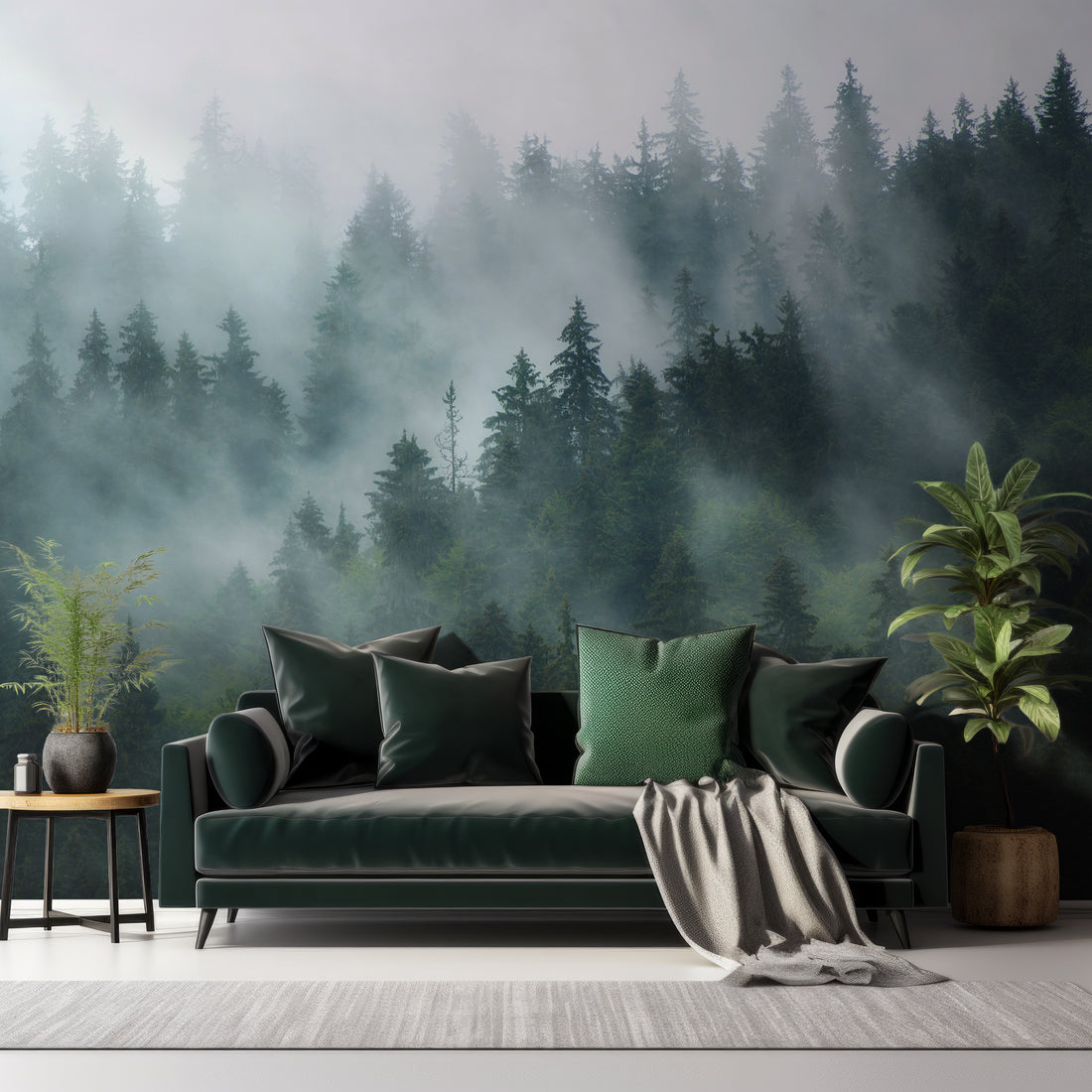 Papier Peint Panoramique Scandinave Forêt Brumeuse Verte - Removable Vinyl (Peel & Stick)