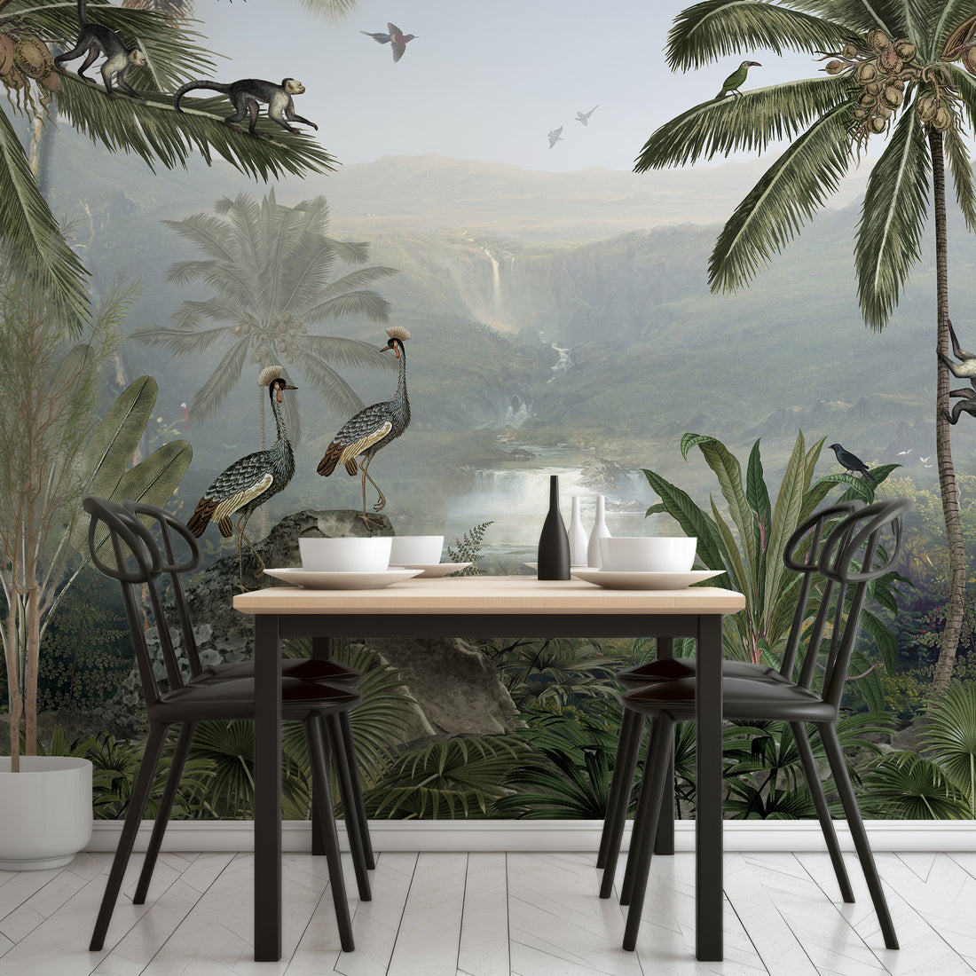 Papier Peint Panoramique Aquarelle Oiseau Exotique dans la Jungle - Traditional Wallpaper (Paste-the-wall)
