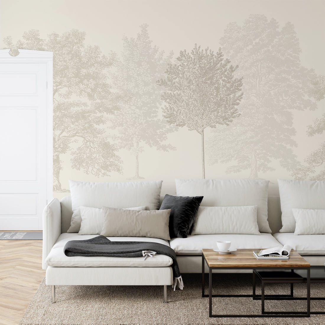 Papier Peint Panoramique Illustré d'Arbres Délavés Crème Neutre - Removable Wallpaper (Peel & Stick)