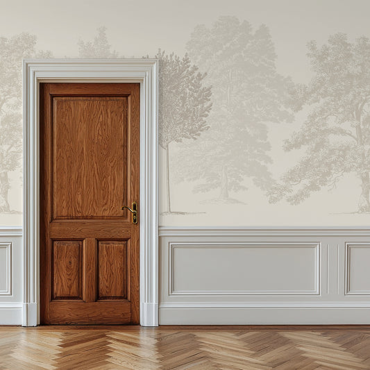 Muted Forest in hallway with large wooden door and wainscoting