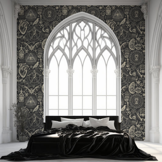 Mystic Grimoire Noire Wallpaper In Large Gothic Bedroom With Large Black Bed