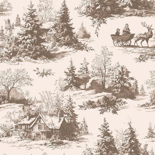 Patterned design of a winter landscape with houses, trees, and a deer with a sleigh.