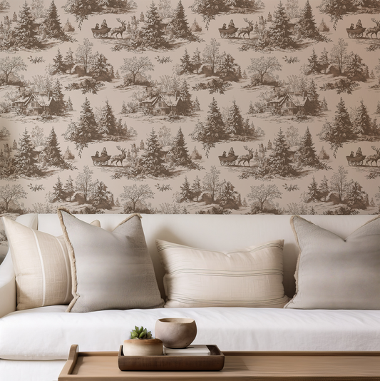 Toile wallpaper in a living room with a white sofa 