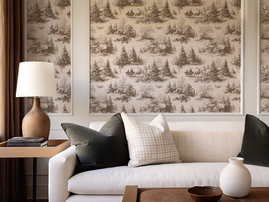 Toile Wallpaper in a neutral living room with a lamp and sofa 