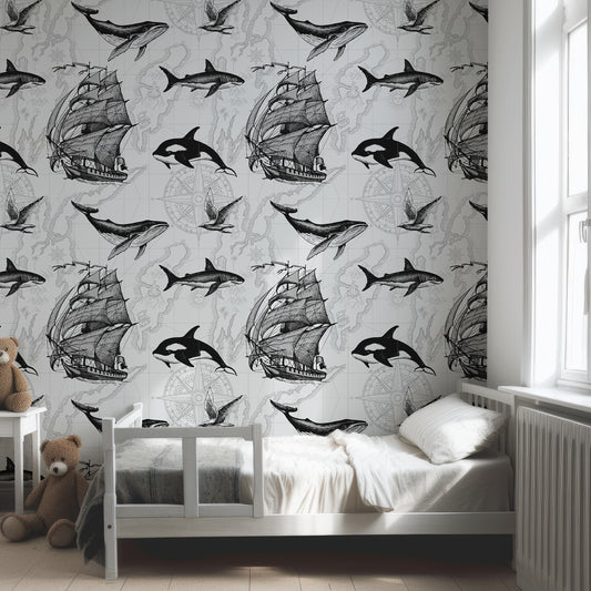 Nautical Odyssey Map Wallpaper In Child's Bedroom With Grey Bed And Two Brown Teddy Bears