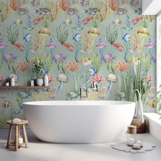 Nautilus Aqua In Bathroom With White Bathtub And Green Plants With Wooden Stool