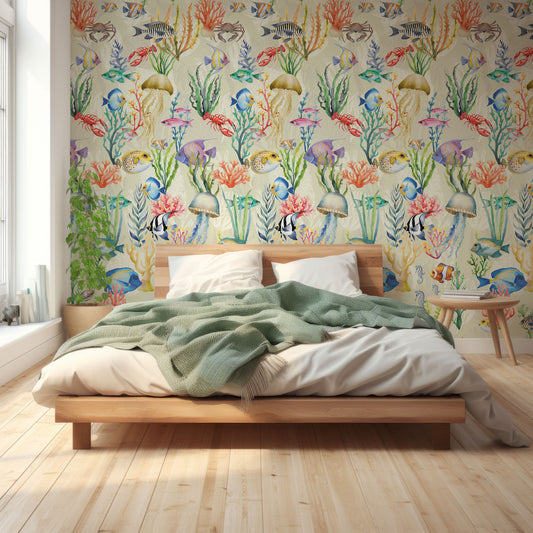 Nautilus Cream Wallpaper In Bedroom With Great Lighting With Green Queen Size Beds And Wooden Floor