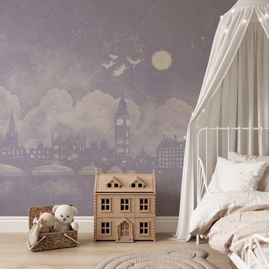 Watercolour Lilac London skyline at night inspired by Peter Pan mural in a white childrens bedroom with a dolls house