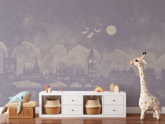 Watercolour Lilac London skyline at night inspired by Peter Pan mural in a children's play room with a stuffed giraffe