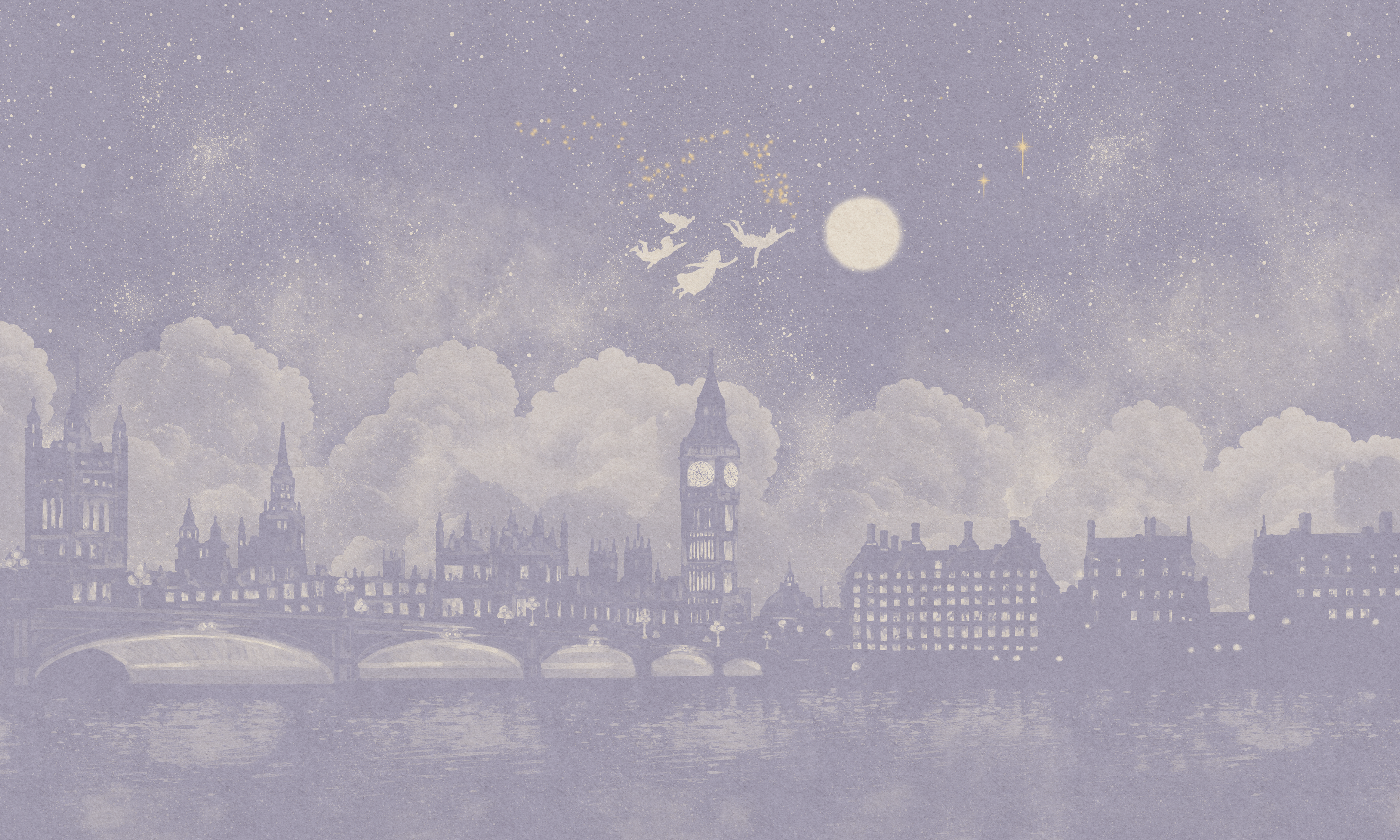 Watercolour Lilac London skyline at night inspired by Peter Pan mural 