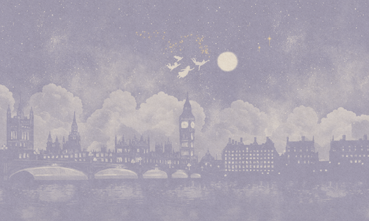 Watercolour Lilac London skyline at night inspired by Peter Pan mural 