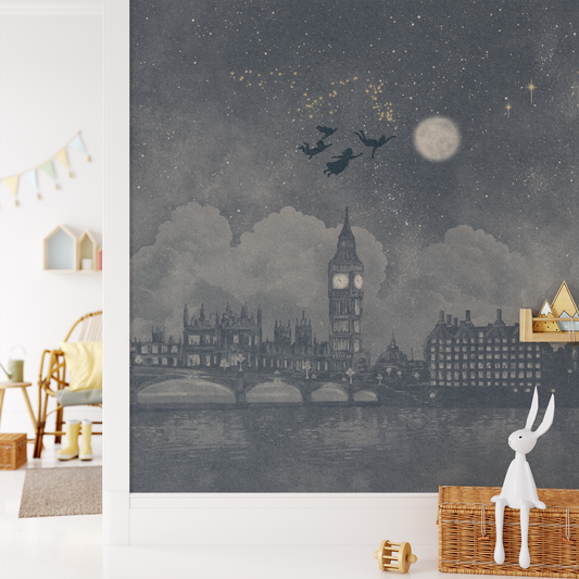 Watercolour London skyline Peter Pan inspired mural in a children's play room 