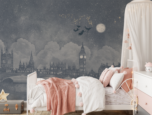 Watercolour London skyline Peter Pan inspired mural in a girls bedroom with pink covers 