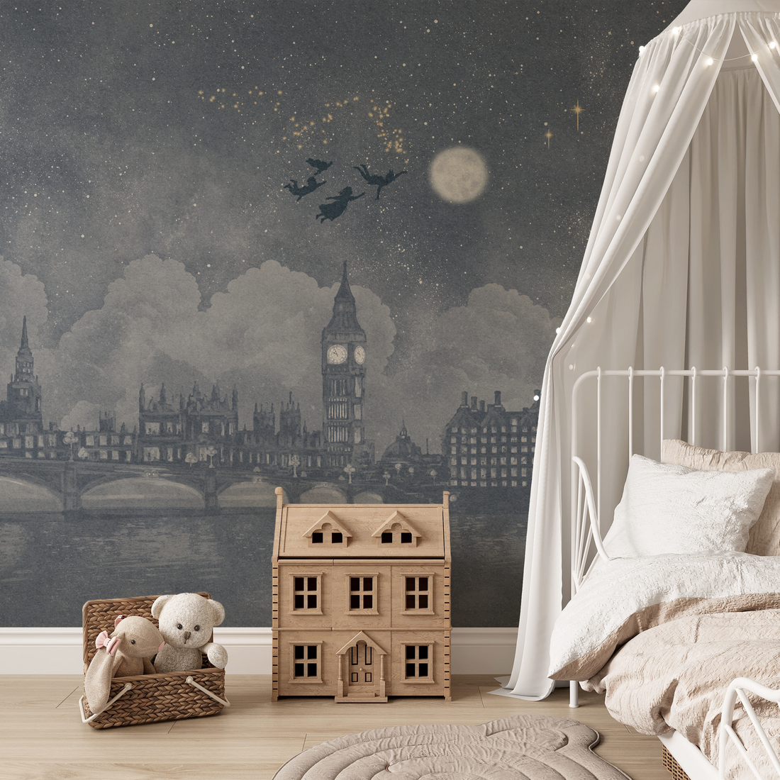 Papier peint panoramique fantaisiste inspiré de Peter Pan représentant la skyline de Londres - Removable Wallpaper (Peel & Stick)