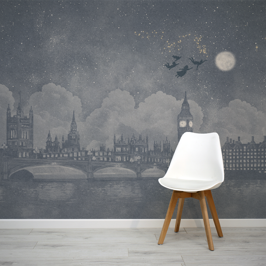 Watercolour London skyline Peter Pan inspired mural with a white chair