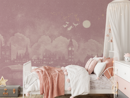 Watercolour pink London skyline at night inspired by Peter Pan mural in a girls pink bedroom with pink covers