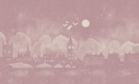 Watercolour pink London skyline at night inspired by Peter Pan mural