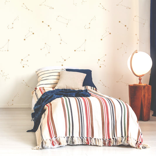Crème Constellations Nocturnes - Papier Peint Constellation Étoile Crème & Or