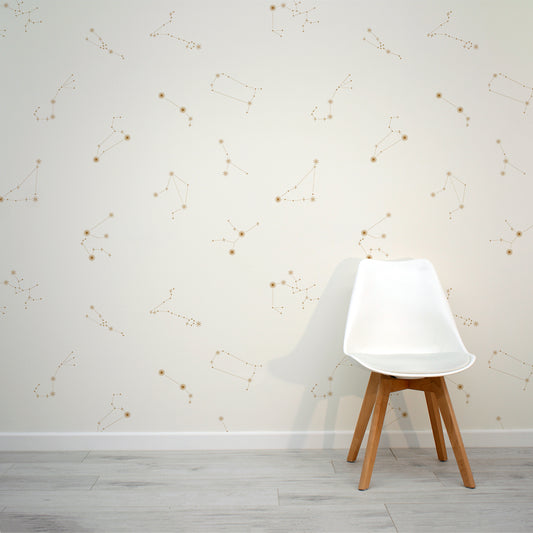 Crème Constellations Nocturnes - Papier Peint Constellation Étoile Crème & Or