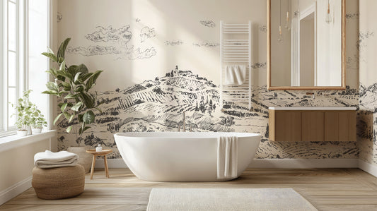 Nórië Wallpaper in a Bathroom with a Stand Alone Bath and Sink