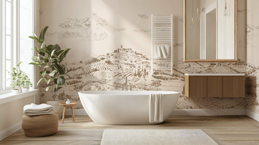 Nórië Wallpaper in a Bathroom with a Stand Alone Bath and Sink