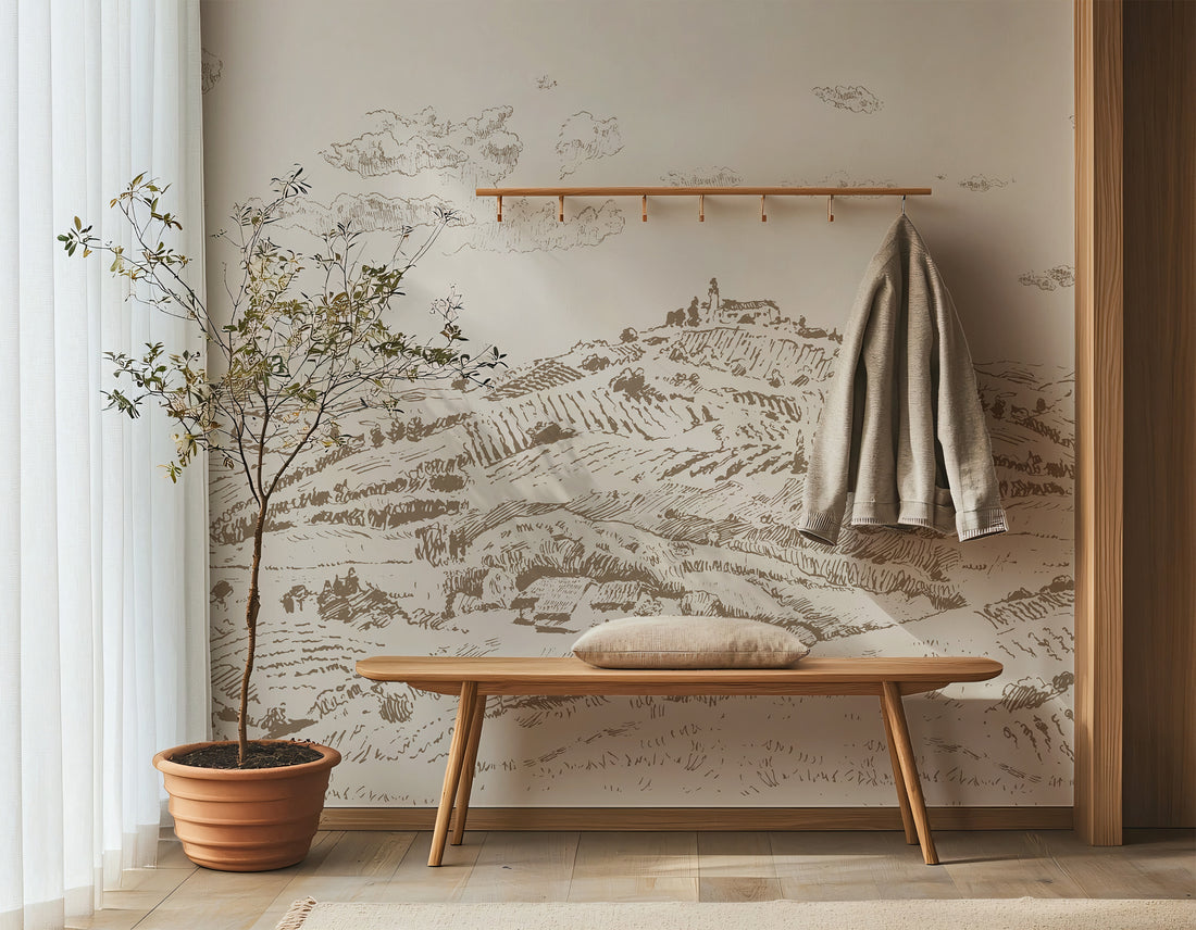 Papier peint mural beige représentant un paysage champêtre - Traditional Wallpaper (Paste-the-wall)
