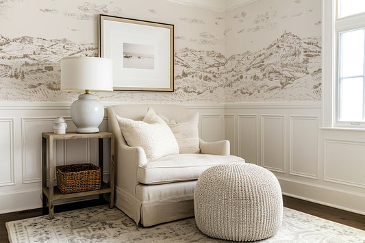 Nórië Wallpaper in a Snug Nook with a Armchair Pouffe and Side Table