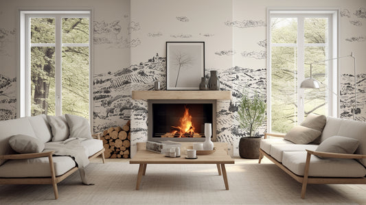 Nórië Wallpaper in a Living Room with Two Sofas and a Fireplace