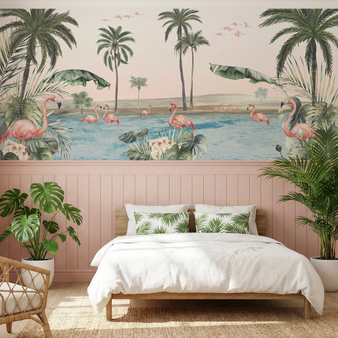 Papier Peint Fresque Flamingo Oasis Scène à l'Aquarelle - Removable Wallpaper (Peel & Stick)