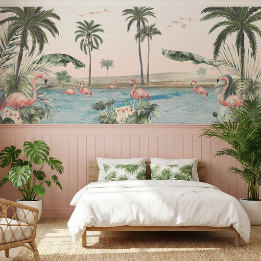 Oasis in tropical style bedroom with pink wainscoting